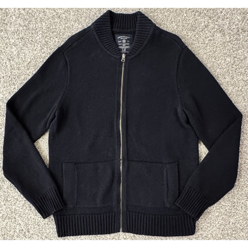 Vintage American Eagle Sweater Cardigan Mens Large Black Full Zip Mock Neck